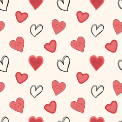 Doodle background with cute kawaii hearts. Valentine day Love seamless vector pattern. Hand drawn hearts.