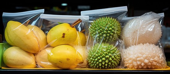 Various fruits in plastic packaging available at a roadside market, including pomelo, mango, durian, and jackfruit.