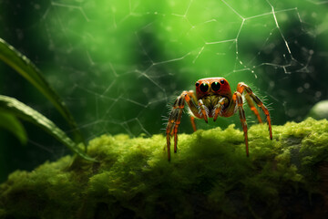 Spider on a spider web with a green background - obrazy, fototapety, plakaty