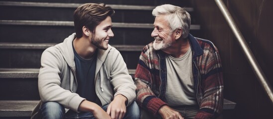 A hipster son and his senior father chatting on home stairs.