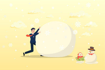 Naklejka premium Businessman investor rolling large snowball build up from small getting bigger, snowball effect from small build up larger with potential risk, financial growth or mistake (Vector)