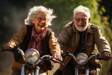 Happy mature couple riding motor bikes, bicycles in nature. Active senior couple with motorbike in autumn public park together having fun lifestyle. Perfect activities for cheerful elderly people