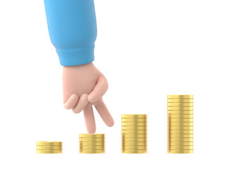 Money staircase concept. Businessman walk fingers over the stock of coins. Infographics,steps to achieve the goal.3d illustration flat design.Supports PNG files with transparent backgrounds.
