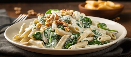 Healthy whole wheat pasta with gorgonzola sauce, spinach, and walnuts.
