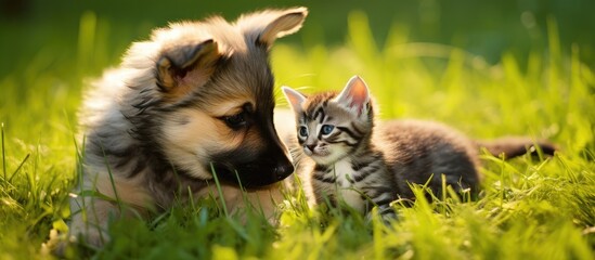 Fototapeta premium German puppy plays with kitten on green grass.