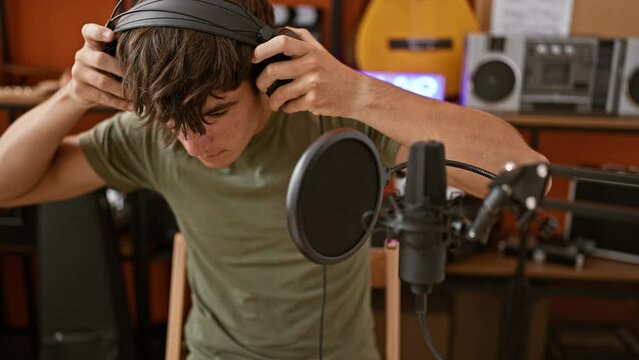 Handsome young hispanic teenager eagerly singing his soul out, a passionate musician with headphones on in a lively music studio, immersing himself in the alluring world of melody and instruments.