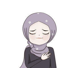 hijab girl , illustration muslim woman is touched , character muslim girl cartoon , touched face