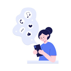 vector flat illustration of woman playing gadgets and social media