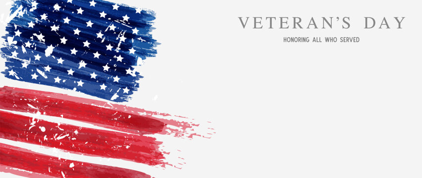 USA Veterans day background. Abstract grunge brushed flag with text. Template for United states of America national holiday. Horizontal banner.