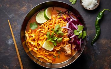 Capture the essence of Khao Soi in a mouthwatering food photography shot Generative AI