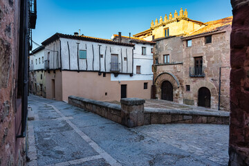 La Casa del Doncel, medieval buildings with cobbled streets in the city of Siguenza, Spain.
