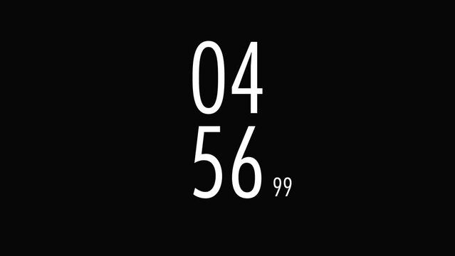 5 minutes digital clock countdown timer with milliseconds on black