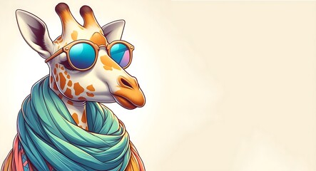 A Giraffe In Azuki Nft Style Wearing Sunglasses and a scar, Stylish giraffe with light color copy space