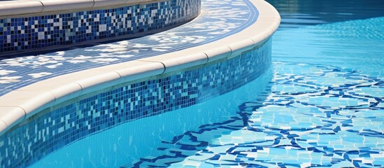 Residential pool with mosaic pattern, steps, and flowing water. - obrazy, fototapety, plakaty