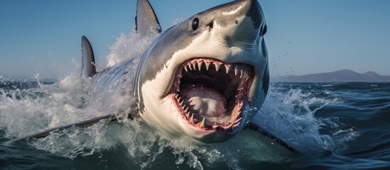 Great White Shark jumps out of water with open mouth