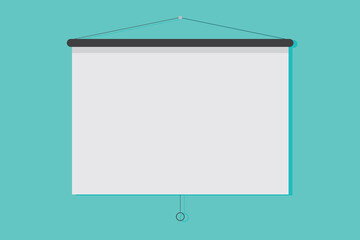 Hanging presentation screen. Empty board or billboard. Screen projector for cinema, movie, games and meetings. slide screen sign. Education empty canvas wall frame for meeting on school or work - obrazy, fototapety, plakaty