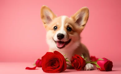 Gartenposter Cute corgi puppy dog with red rose flowers sitting looking at camera, adorable dog photo for Valentine's Day, studio photo on pink background, copy space photo template  for card or banner © Favebrush