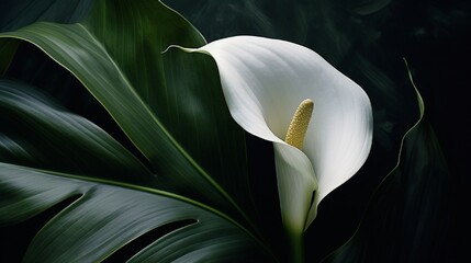 Obraz premium A pristine white calla lily against a canvas of dark green foliage.
