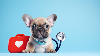 Cute French bulldog puppy with first aid kit and stethoscope, studio photo for veterinary clinic, medical support, healthcare for pets, copy space photo template for banner, blue background - obrazy, fototapety, plakaty