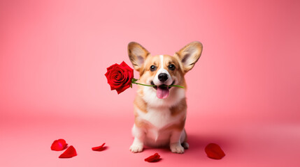 Cute corgi dog holding a red rose flower in his mouth for Valentine's day, studio photo on pink background, copy space template for card or banner, adorable animal - obrazy, fototapety, plakaty