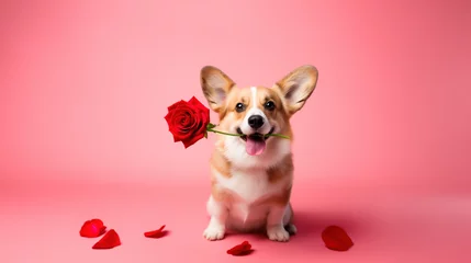 Poster Cute corgi dog holding a red rose flower in his mouth for Valentine's day, studio photo on pink background, copy space template for card or banner, adorable animal © Favebrush