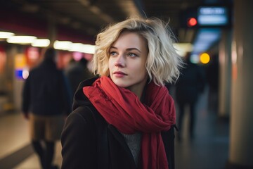Portrait of a beautiful young woman with short blond hair and red scarf in the subway station