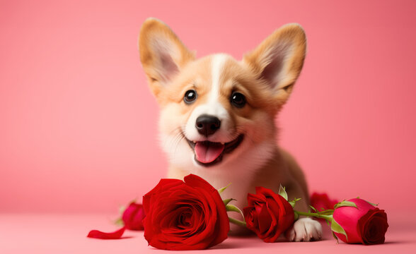 Cute corgi puppy dog with red rose flowers sitting looking at camera, adorable dog photo for Valentine's Day, studio photo on pink background, copy space photo template  for card or banner
