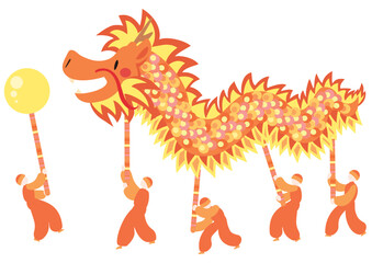 かわいい龍舞（オレンジ系）のベクターイラスト