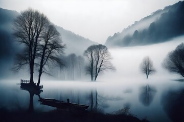 Mystic foggy landscape in the morning