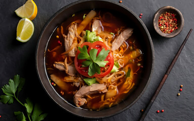 Capture the essence of Mi Quang in a mouthwatering food photography shot Generative AI