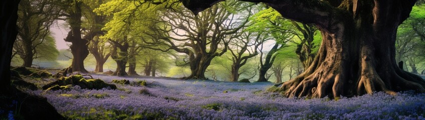 A sea of bluebells enveloping an ancient oak in a fairy tale forest.