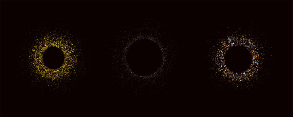 Dot frame round. Splashes of paint in a circle. Splash of yellow liquid, spraying dots on the sides. Geometric border, spray, drops of paint in the shape of a ring, salute, fireworks. Vector set.