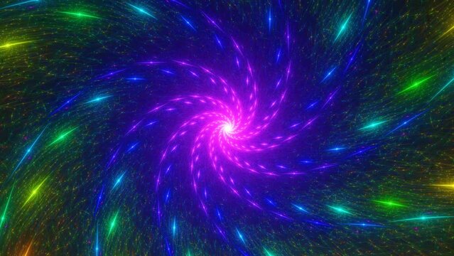 Curve short stripes, particles getting closer and farther, converging to white luminous central dot, scattering in different directions on dark. Beautiful firework in night sky. 4K UHD 4096x2304