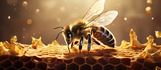 Zelfklevend Fotobehang Marked queen bee sitting on a honeycomb, showing wings, eyes, and paws. © AkuAku