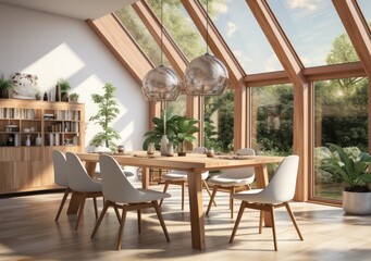 Fototapeta premium Bright and Spacious Dining Room with Natural Light and Green Accents