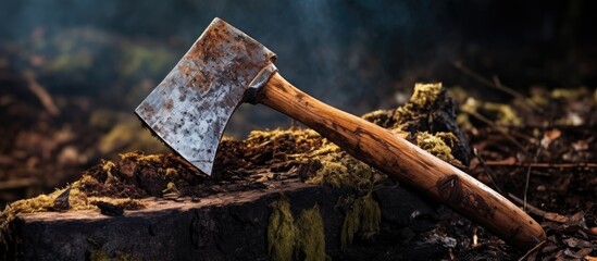 Rusty axe lodged in wood outside.