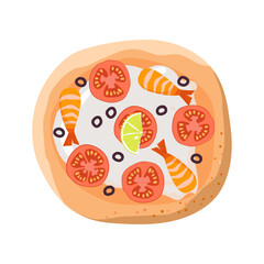 Pizza with shrimp, tomato, lime, cheese cartoon flat vector illustration. Traditional italian dish. Pastry food for menu. Tasty Italian pizza. Colorful Restaurant Isolated Nutrition