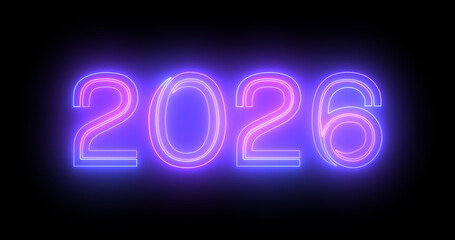 2026 Happy New Year's Eve nightclub fluorescent neon sign background. Glittering celebration motion graphic countdown animation for 2026 in 3d typography isolated moving lines bg.