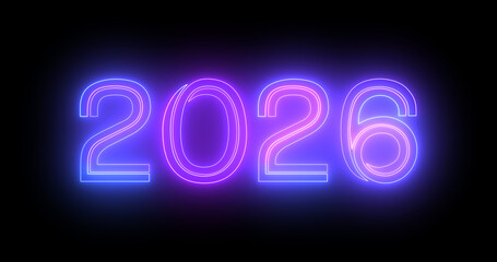 2026 Happy New Year's Eve nightclub fluorescent neon sign background. Glittering celebration motion graphic countdown animation for 2026 in 3d typography isolated moving lines bg.