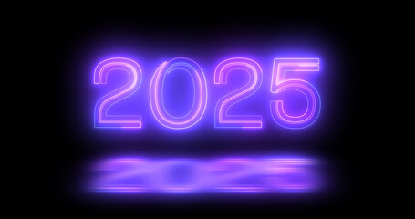 2025 Happy New Year's Eve nightclub fluorescent neon sign background. Glittering celebration motion graphic countdown animation in 3d typography isolated moving lines bg.