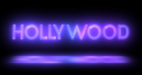 Hollywood neon moving lines text animation on black background. Hollywood logo illuminated neon style fluorescent tubes nightclub motion graphic for brand, traffic, casino, innovation retro style.