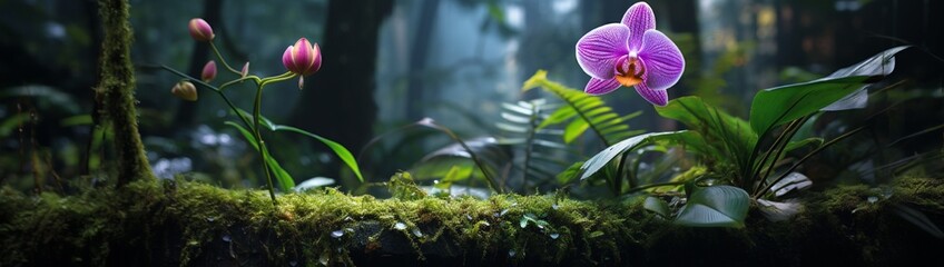 A solitary orchid exuding elegance in a lush rainforest.