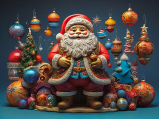 Smiling Santa Claus, surrounded by festive Christmas ornaments, cute and funny, highly detailed, generative ai