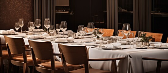 Luxurious arrangement of tables in a high-end restaurant.