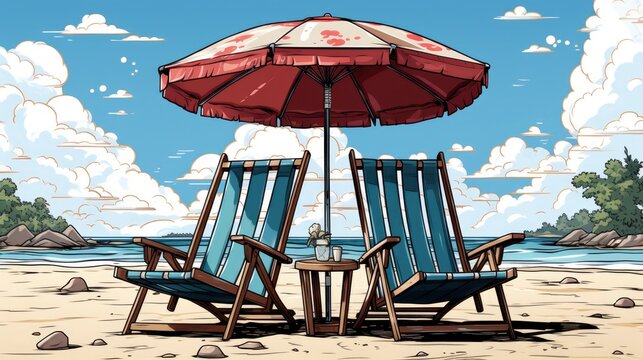 Summer Beach Vacation Scene Blue Background, Flat Design Style, Pop Art , Wallpaper Pictures, Background Hd