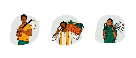 Farmer's Day, Indian people, farmers working on farms, hand-drawn colored Vector illustrations of men and women posing 