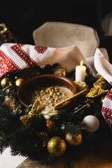 Kutia on the Christmas table. Kutia preparation. Christmas concept. Festive Christmas dinner. Ukrainian cuisine