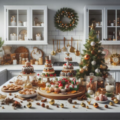 Christmas decorations, sweets and freshly baked cookies on a white kitchen board, photorealistic, generative ai