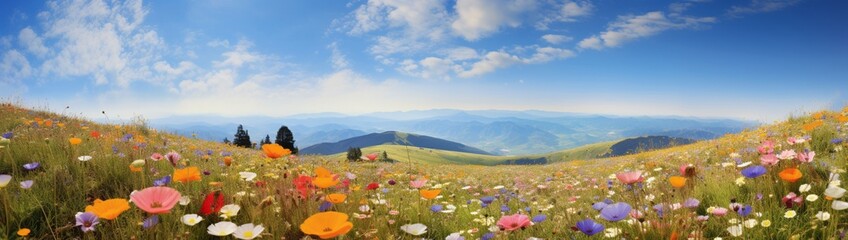 A vibrant carpet of wildflowers stretching to the horizon. - obrazy, fototapety, plakaty