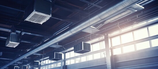 Installation of heating and cooling system in industrial setting, by professional technician. Ventilation in commercial buildings through rectangular canals for air distribution.